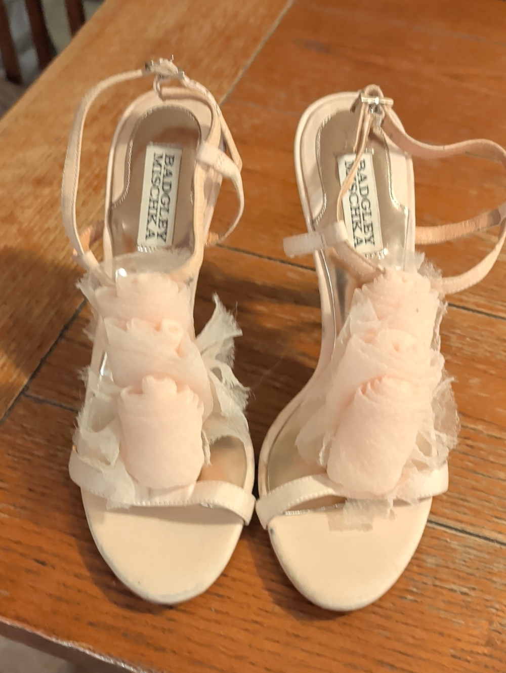 Badgley Mischka Pale Pink Floral Rosette T-Strap Heels